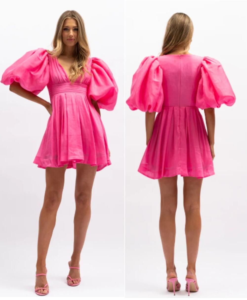 NWT Aureta Studio Serendipity Puff Sleeve Babydoll Mini Dress Hot Pink Womens S